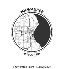 T-shirt map badge of Milwaukee, Wisconsin. Tee shirt print typography label badge emblem. Vector illustration