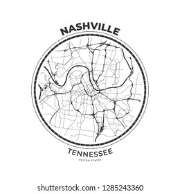 T-shirt map badge of Nashville, Tennessee. Tee shirt print typography label badge emblem. Vector illustration