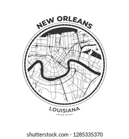 T-shirt map badge of New Orleans, Louisiana. Tee shirt print typography label badge emblem. Vector illustration