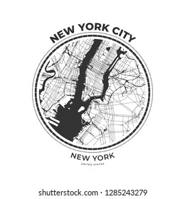 T-shirt map badge of New York City, New York. Tee shirt print typography label badge emblem. Vector illustration