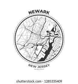 T-shirt map badge of Newark, New Jersey. Tee shirt print typography label badge emblem. Vector illustration