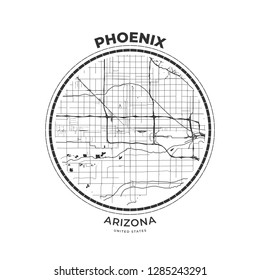 T-shirt map badge of Phoenix, Arizona. Tee shirt print typography label badge emblem. Vector illustration