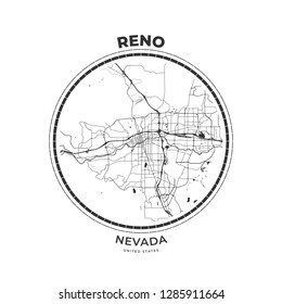 T-shirt map badge of Reno, Nevada. Tee shirt print typography label badge emblem. Vector illustration