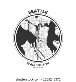 T-shirt map badge of Seattle, Washington. Tee shirt print typography label badge emblem. Vector illustration