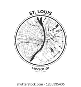 T-shirt map badge of St. Louis, Missouri. Tee shirt print typography label badge emblem. Vector illustration