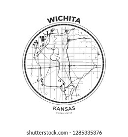 T-shirt map badge of Wichita, Kansas. Tee shirt print typography label badge emblem. Vector illustration