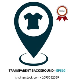 t-shirt, map pointer vector icon. clothing store here