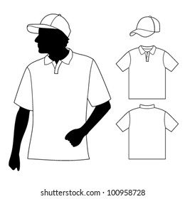 T-shirt. Men's polo shirt template with human body silhouette and baseball cap