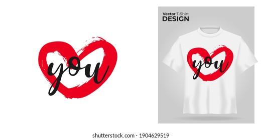 T-shirt mock up with chinese calligraphy red ink brush hand drawn heart print. 3d realistic shirt template. white tee mockup, front view design, love you graphic slogan. Vector illustration