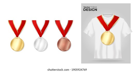 T-shirt mock up with golden, silver, bronze medal print. 3d realistic shirt template. White tee mockup, front view design, metal sport medal on red ribbon. Vector illustration