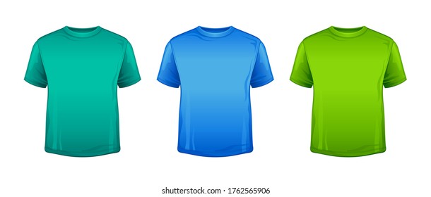 T-shirt mock up in mint, blue, green color. Blank tshirt mockup. Trendy unisex sport t shirt model for kid, teen, adult. Fashion body wear icon. 3d Vector  illustration set, isolated background.