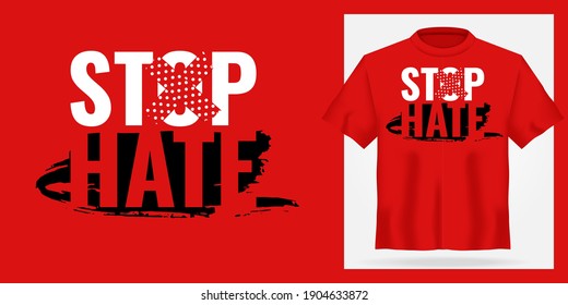 T-shirt mock up with motivation print. 3d realistic shirt template. Red tee mockup, front view design, Stop hate slogan. Vector illustration