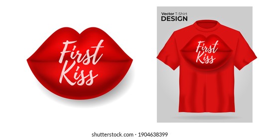 T-shirt mock up with Red female lips print. 3d realistic shirt template. Red tee mockup, front view design, first kiss slogan. Vector illustration