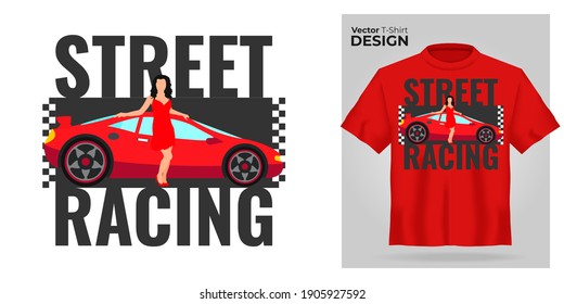 T-shirt mock up with Red sport car and young girl in dress on road print. 3d realistic shirt template. Red tee mockup, front view design, street racing slogan. Vector illustration