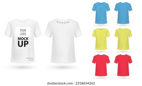 T-Shirt mock up set template. Blue, Yellow and White version, frontside and backside design.