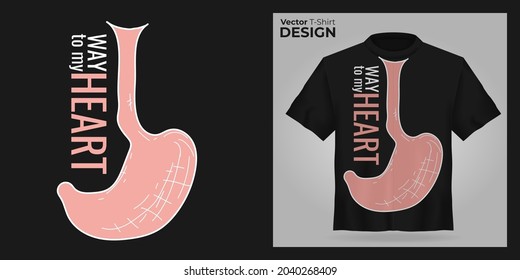 T-shirt mock up with Slogan way to my heart and Human stomach print. 3d realistic shirt template. Black boy and girl tee mockup, front view design. Vector illustration