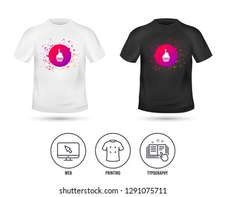 T-shirt mock up template. Birthday cake sign icon. Cupcake with burning candle symbol. Realistic shirt mockup design. Printing, typography icon. Vector