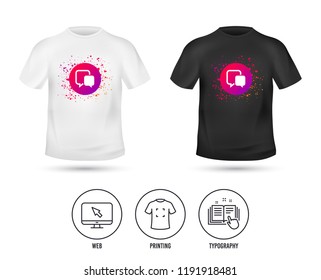T-shirt mock up template. Chat sign icon. Speech bubble symbol. Communication chat bubble. Realistic shirt mockup design. Printing, typography icon. Vector