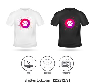 T-shirt mock up template. Dog paw sign icon. Pets symbol. Realistic shirt mockup design. Printing, typography icon. Vector