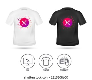 T-shirt mock up template. Food sign icon. Cutlery symbol. Knife and fork. Realistic shirt mockup design. Printing, typography icon. Vector