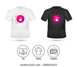 T-shirt mock up template. Hand print sign icon. Stop symbol. Realistic shirt mockup design. Printing, typography icon. Vector