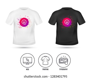 T-shirt mock up template. Happy face chat speech bubble symbol. Smile icon. Realistic shirt mockup design. Printing, typography icon. Vector
