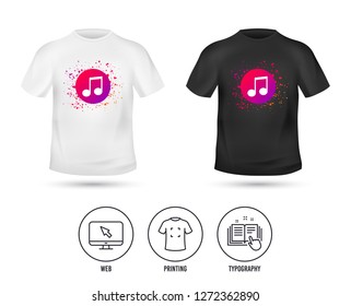 T-shirt mock up template. Music note sign icon. Musical symbol. Realistic shirt mockup design. Printing, typography icon. Vector