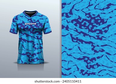 T-shirt mockup with abstract camouflage grunge jersey design for football, soccer, racing, esports, running, in blue color