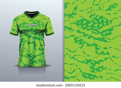 T-shirt mockup with abstract camouflage grunge jersey design for football, soccer, racing, esports, running, in green color