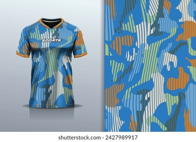 T-shirt mockup with abstract camouflage jersey design for football, soccer, racing, esports, running, in blue color	