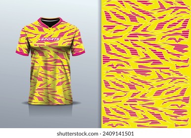 T-shirt mockup with abstract camouflage line jersey design for football, soccer, racing, esports, running, in yellow pink color