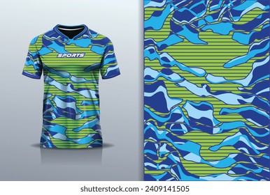 T-shirt mockup with abstract camouflage line jersey design for football, soccer, racing, esports, running, in green blue color