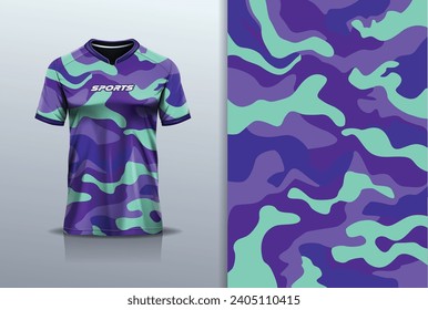 T-shirt mockup with abstract camouflage pattern jersey design for football, soccer, racing, esports, running, in green blue color