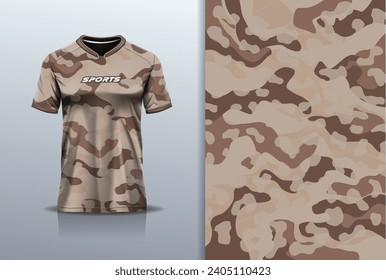 T-shirt mockup with abstract camouflage pattern jersey design for football, soccer, racing, esports, running, in brown color