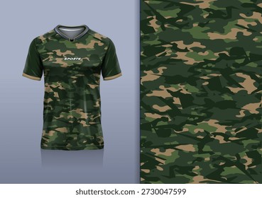 T-Shirt mockup mit abstraktem Tarnmuster Jersey-Design für Fußball, Fußball, Rennen, Sport, Laufen, in grüner Armeefarbe