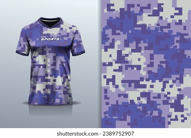 Tshirt mockup abstract camouflage pixel pattern sport jersey design  for army, football soccer, racing, esports, blue color