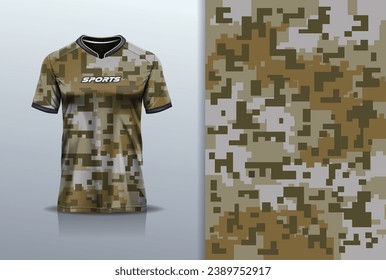 Tshirt mockup abstract camouflage pixel pattern sport jersey design  for army, football soccer, racing, esports, brown color