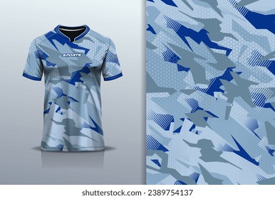 Tshirt mockup abstract camouflage pixel pattern sport jersey design  for football soccer, racing, esports, blue color