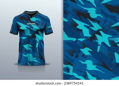 Modelación de camisetas patrón de píxeles camuflaje abstracto deportivo diseño jersey para fútbol, carreras, deportes, color azul