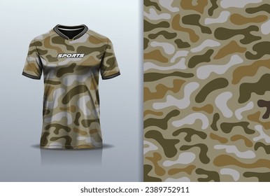 Tshirt mockup abstract camouflage sport jersey design  for army, football soccer, racing, esports, brown color
