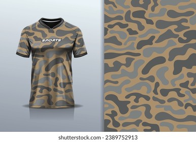 Tshirt mockup abstract camouflage sport jersey design  for army, football soccer, racing, esports, brown color