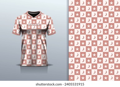 T-shirt mockup with abstract Checkerboard star moon sport jersey design for football, soccer, racing, esports, running