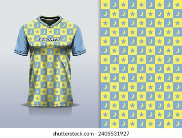 T-shirt mockup with abstract Checkerboard star moon sport jersey design for football, soccer, racing, esports, running, in yellow color