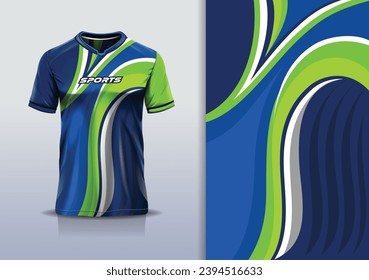 T-shirt mockup with abstract curve line jersey design for football, soccer, racing, esports, running, in blue green color