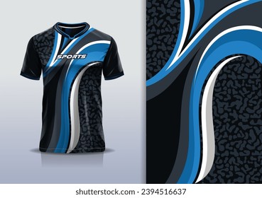 T-shirt mockup with abstract curve line jersey design for football, soccer, racing, esports, running, in blue black color