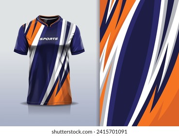 T-shirt mockup with abstract curve line racing jersey design for football, soccer, racing, esports, running, in blue orange color	