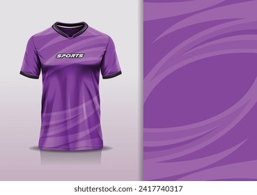 T-shirt mockup with abstract curve line sport jersey design for football, soccer, racing, esports, running, in purple color