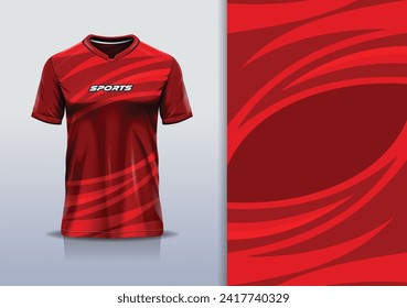 T-shirt mockup with abstract curve line sport jersey design for football, soccer, racing, esports, running, in red color 