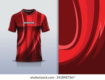 T-shirt mockup with abstract curve line jersey design for football, soccer, racing, esports, running, in red color