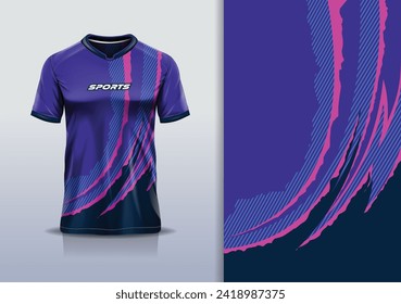 T-shirt mockup with abstract curve line grunge rustic racing jersey design for football, soccer, racing, esports, running, in purple color